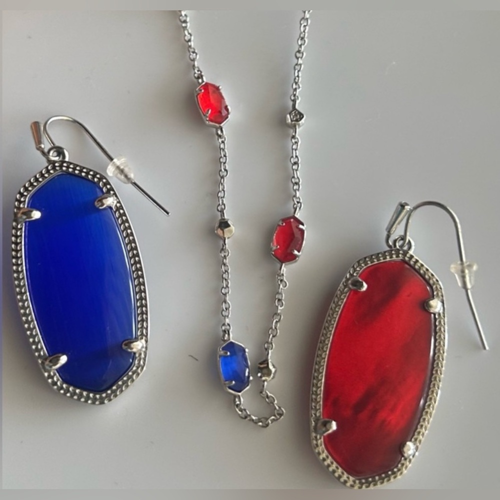 Kendra Scott, silver, red and blue necklace with matching earrings set